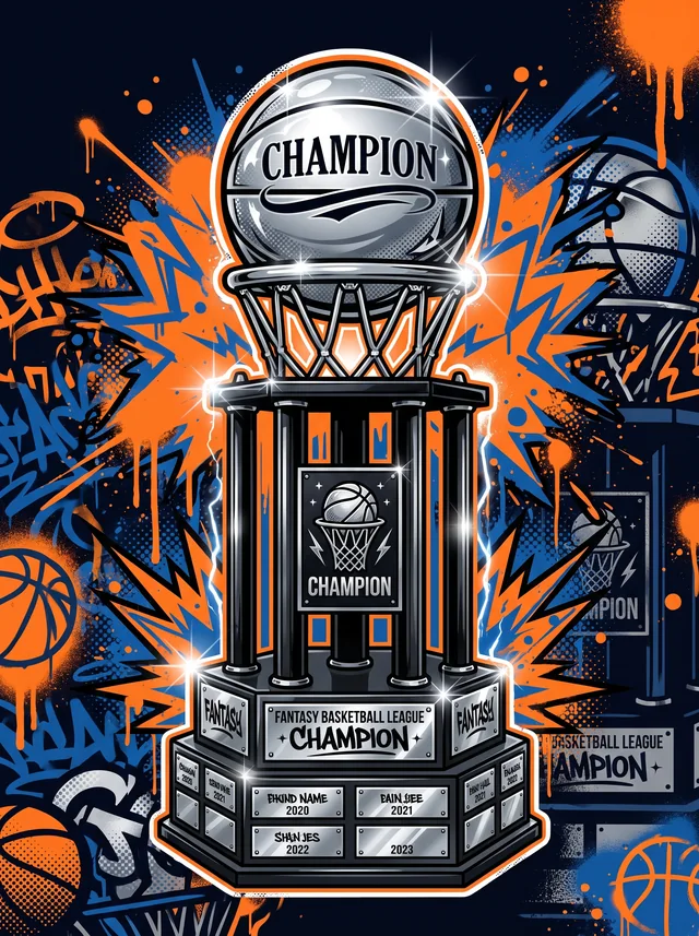 The Baller's Only championship traveling trophy — a silver CHAMPION basketball atop a black column with a nameplate for every season's winner