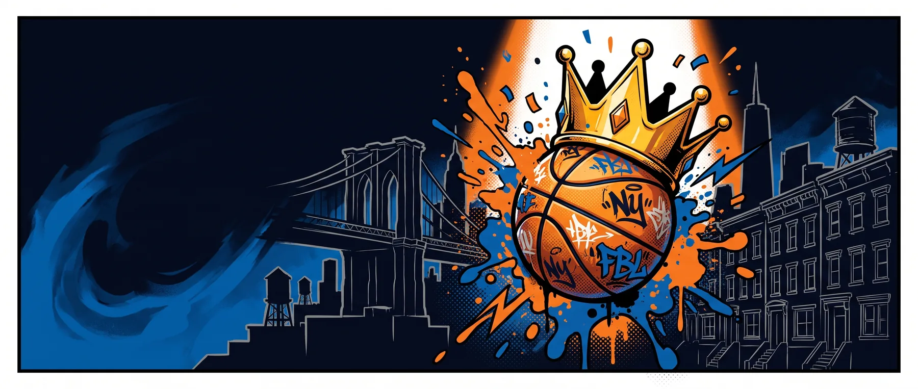 Baller's Only โ crowned graffiti basketball over the New York City skyline